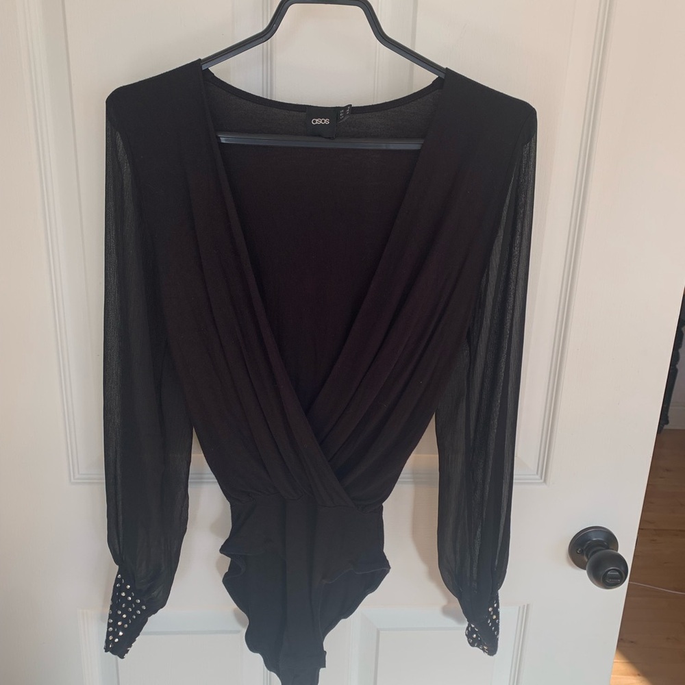 🍬3/20🍬ASOS Black Sheer Wrap Bodysuit with Studded Cuffs